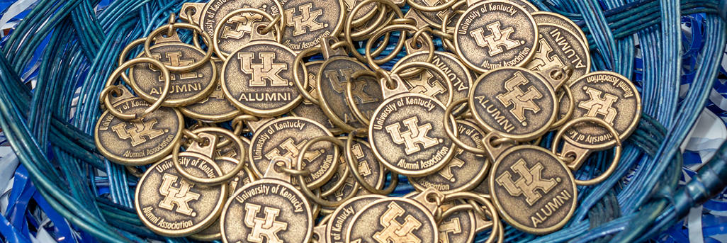 A basket of branded keychains.