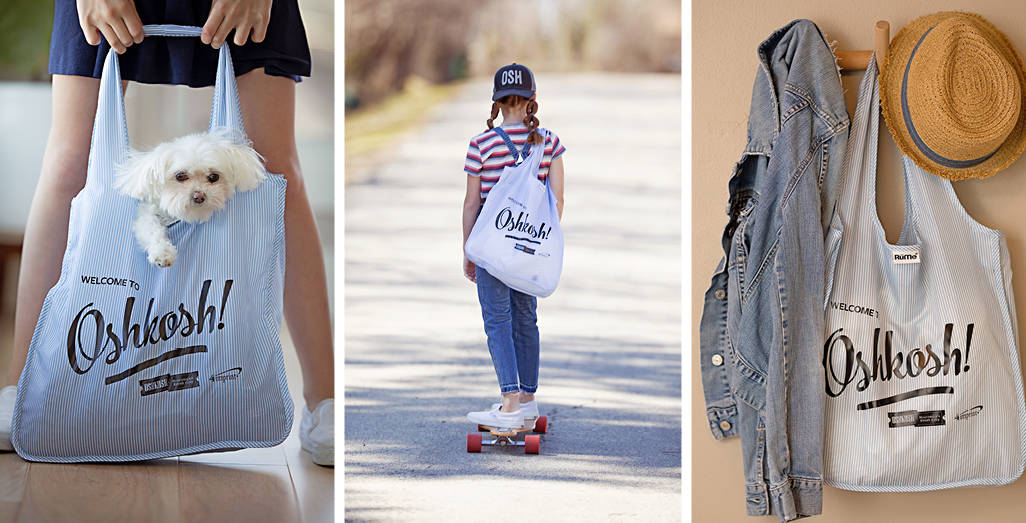 Left: Dog in a bag. Center: Girl riding a skateboard with bag. Right: Bag hanging with a jacket.