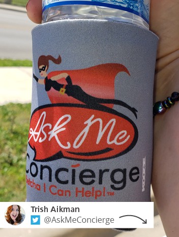 Twitter post showing a hand holding a water bottle with an Ask Me Concierge branded can cooler.