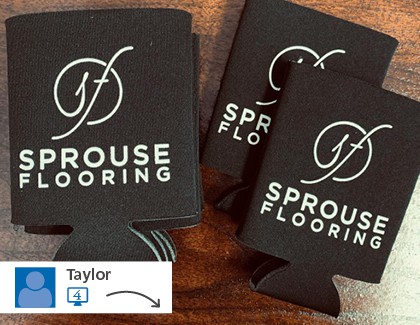 A social media post showing several can coolers branded with Sprouse Flooring logos.