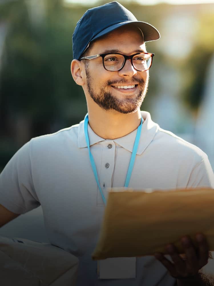 A delivery person carrying a large envelope.