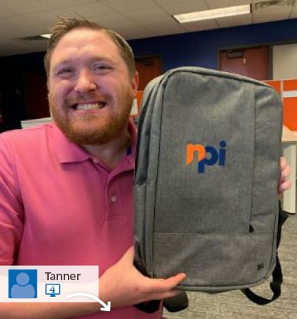 Social media post with a man holding an NPI promotional backpack