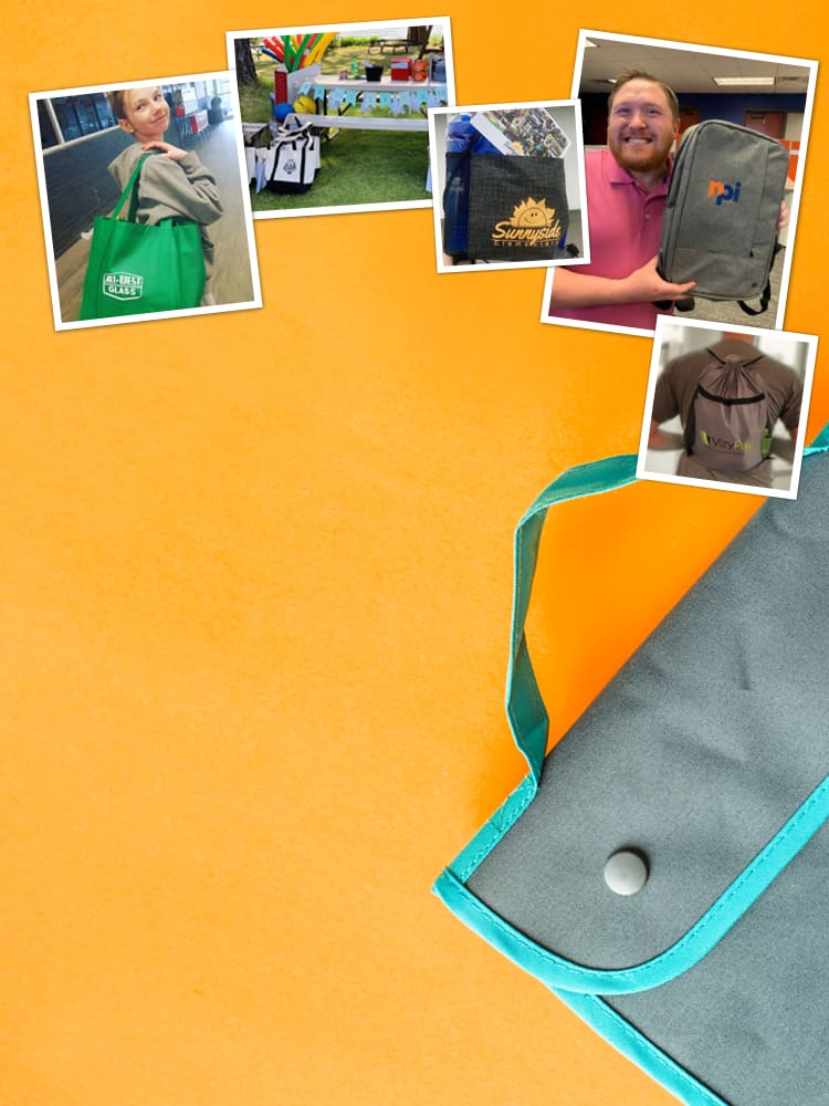 A collage of social media posts featuring promotional bags