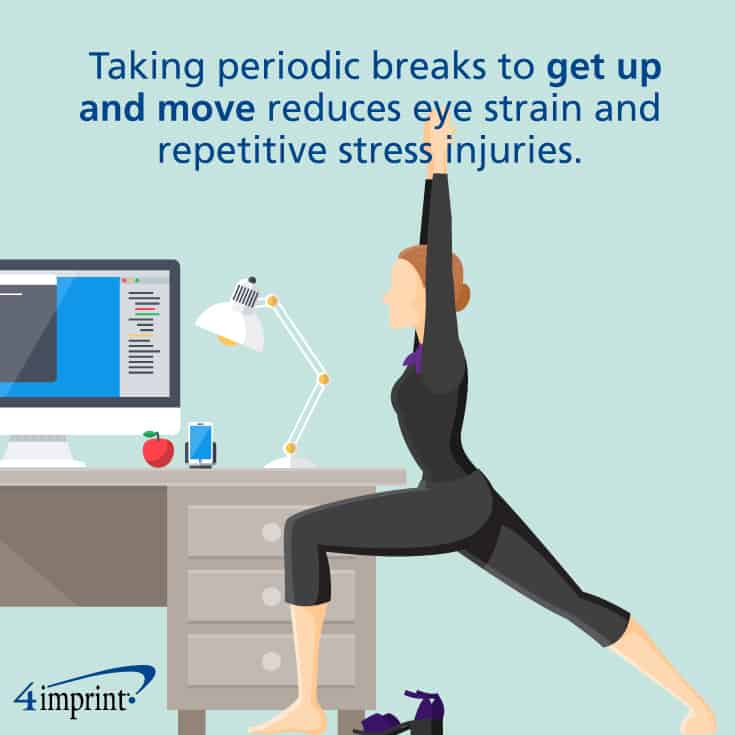 Professional woman doing stretches at her desk with computer and lamp