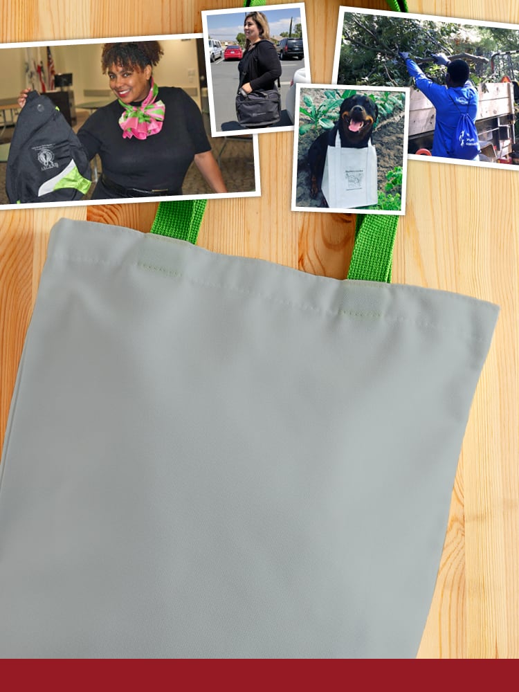 A collage of people holding promotional bags.