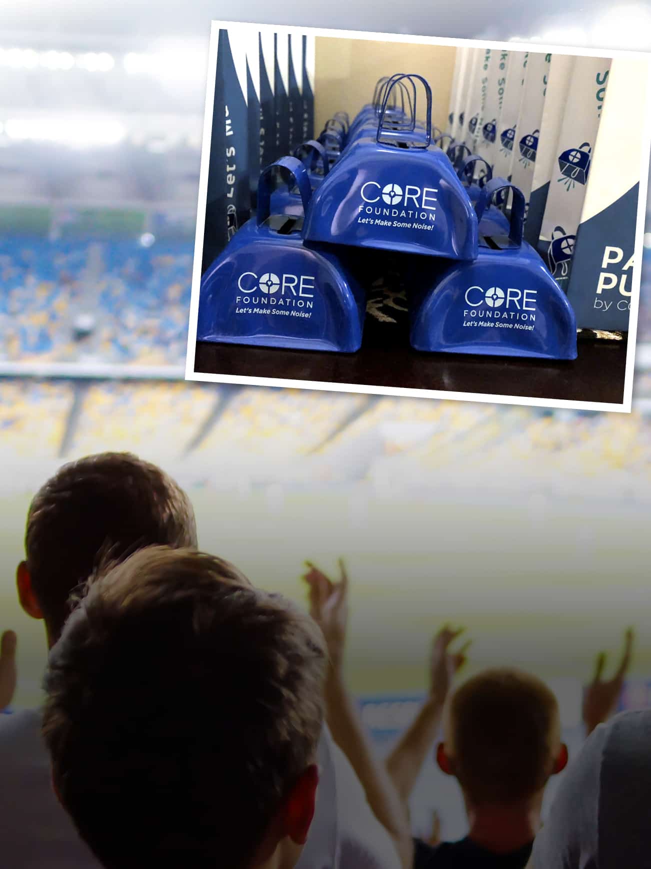 Promotional cowbells stacked in a photograph that is overlaying atop of a crowd at a sporting event