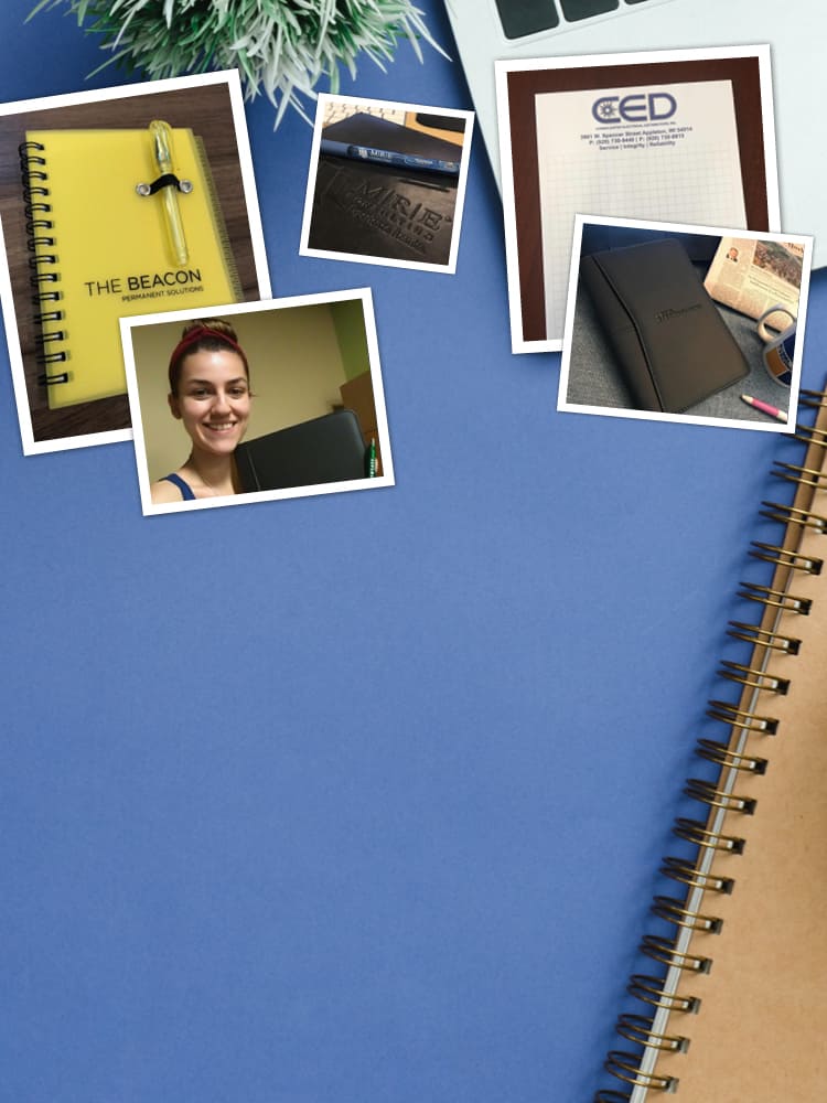 A college of social media post showing promotional notebooks and branded padfolios