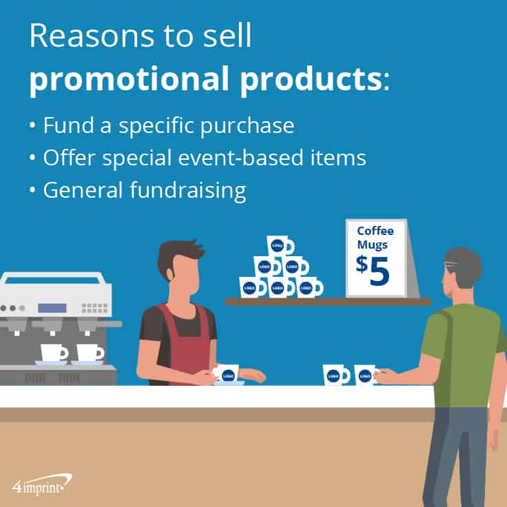 Reasons to sell promo products: fund a specific buy, offer event-based items, general fundraising 