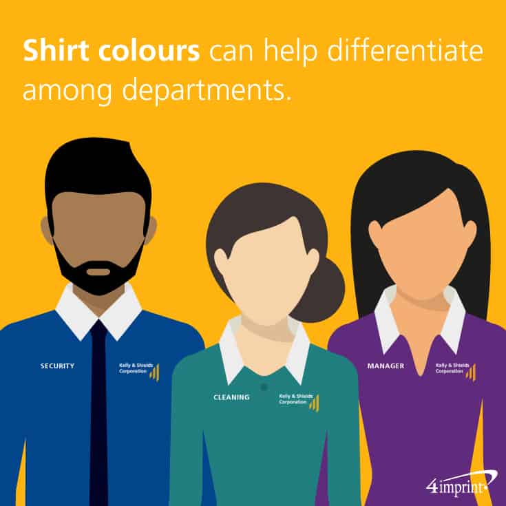 Three coworkers wearing different coloured shirts branded with different department names.