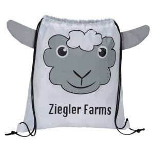 A white and gray drawstring bag that looks like a sheep with ears sticking out from the sides.