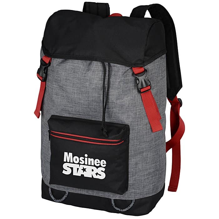 Branded gray and black heather fabric backpack with red straps