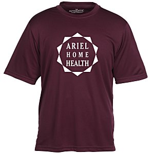 A maroon athletic T-shirt with a logo.