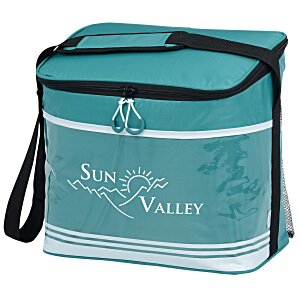 A large, teal cooler with a logo.