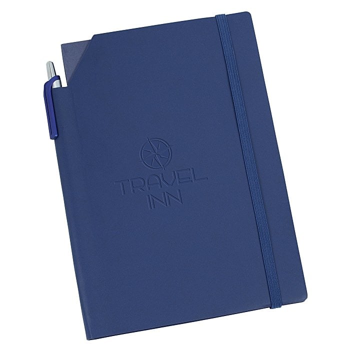 Blue branded notebook with pen and elastic strap