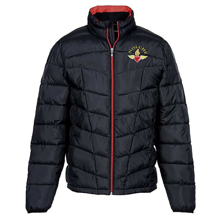 Black branded puffer jacket for men with red zipper 