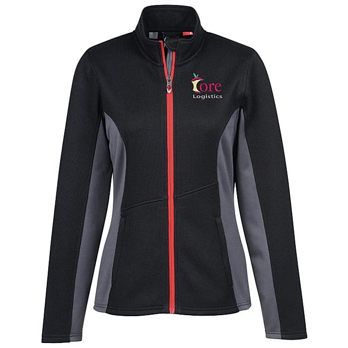 Black branded Sweater Fleece Jacket for Ladies with gray stripes and red zipper