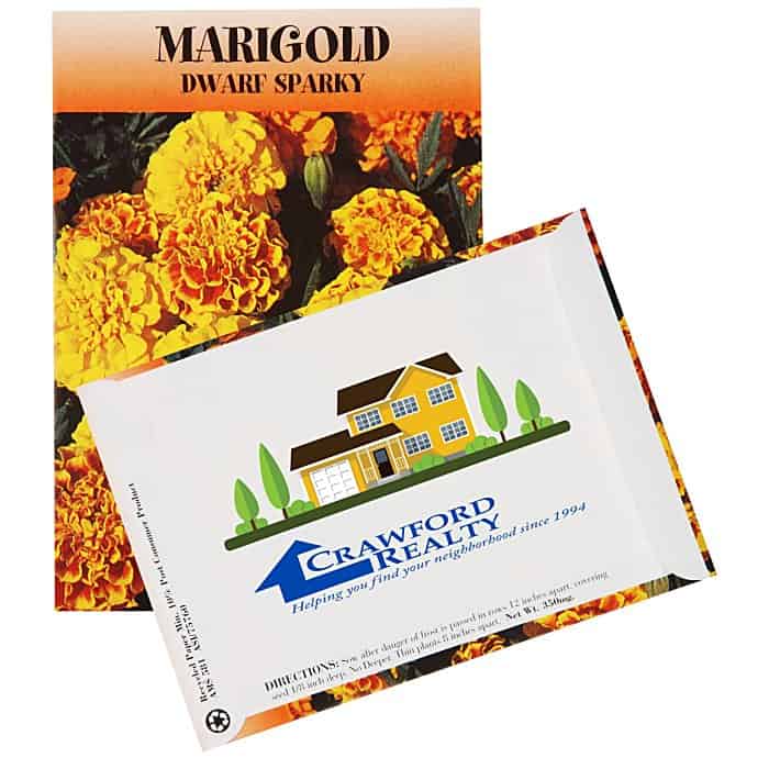 Front and back of a branded marigold seed packet