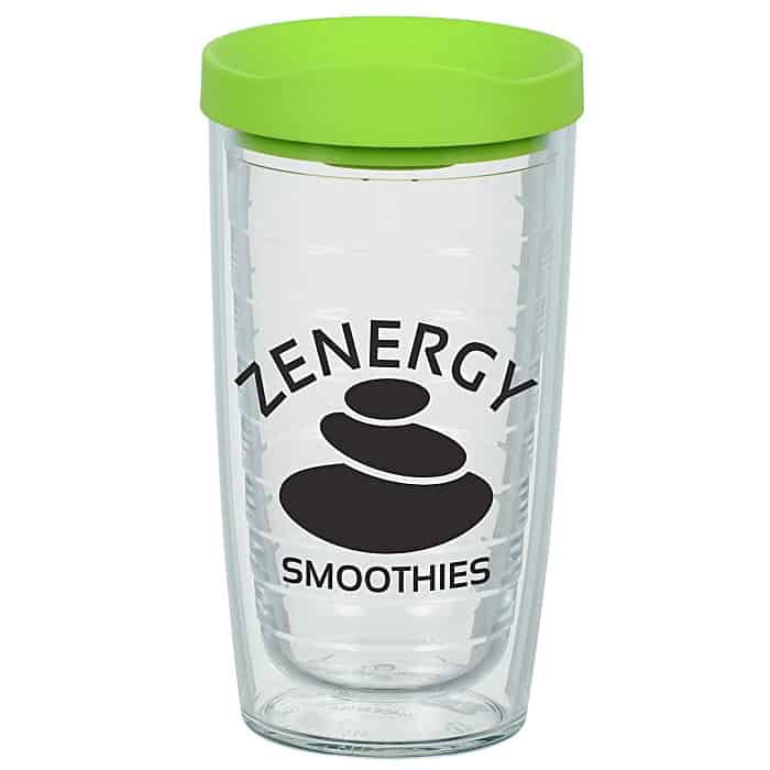 Clear branded tumbler with green lid