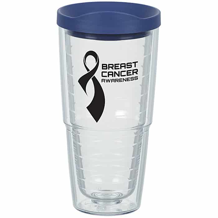 Clear branded tumbler with blue lid