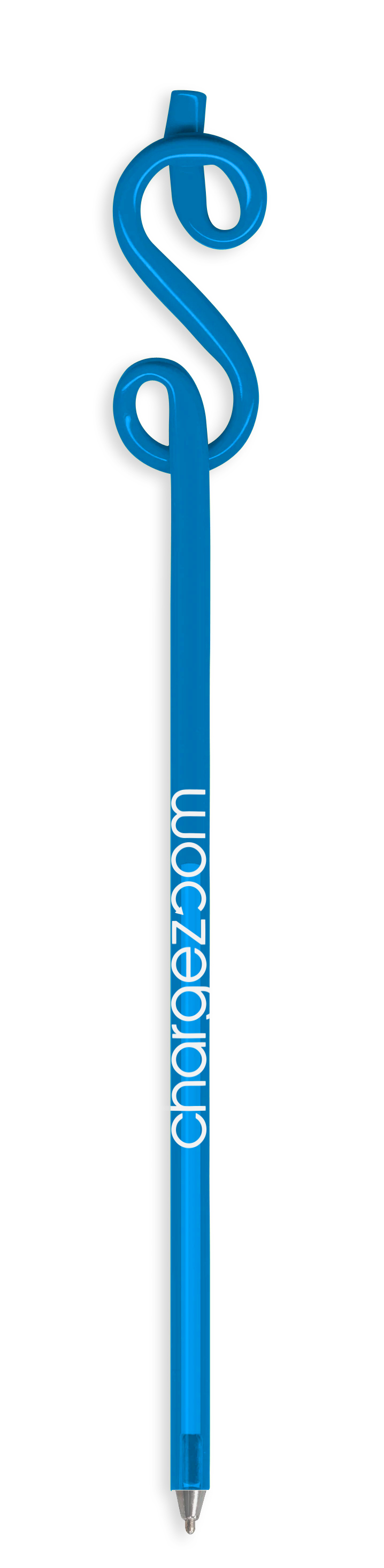 Blue branded pen with dollar sign at top