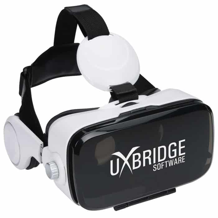 Branded white and black VR headset with headphones