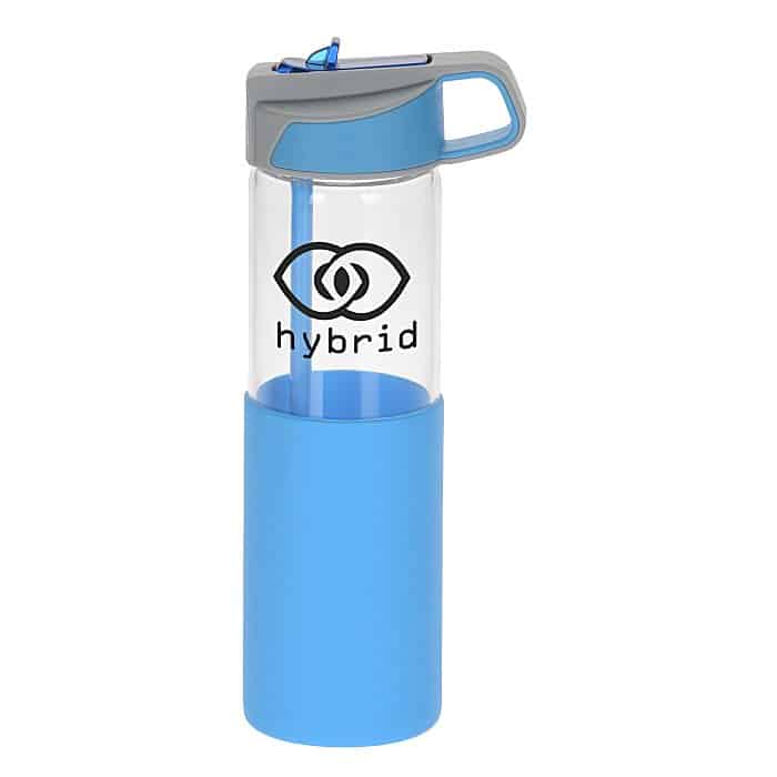 Blue branded Yoli Glass Yoga Bottle with flip top lid